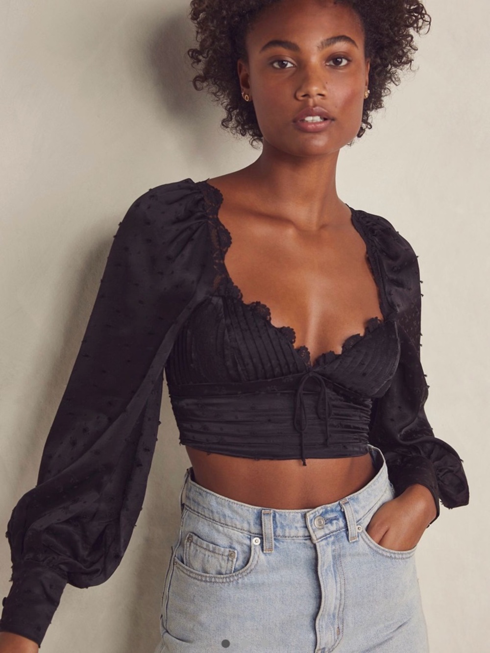 For Love & Lemons Black Lace Peasant Sleeve Crop Top